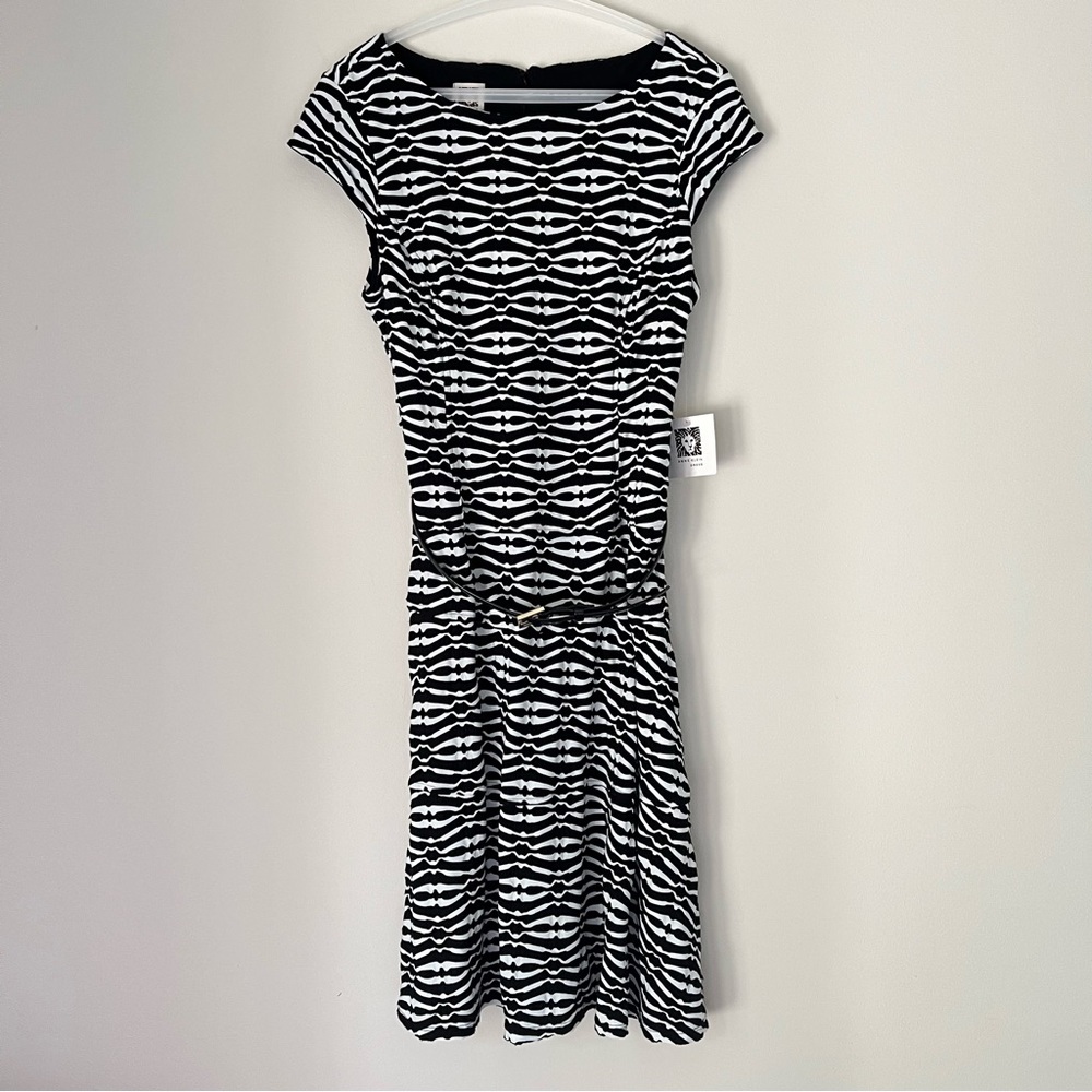 Anne Klein Womens Dress Size 6 Knit A-Line Cap Sleeve Animal Print Black White